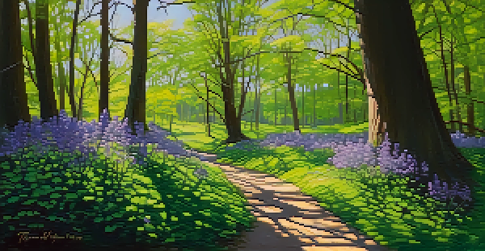 A peaceful scene of Starved Rock State Park in spring, with lush green trees and blooming flowers under soft sunlight.