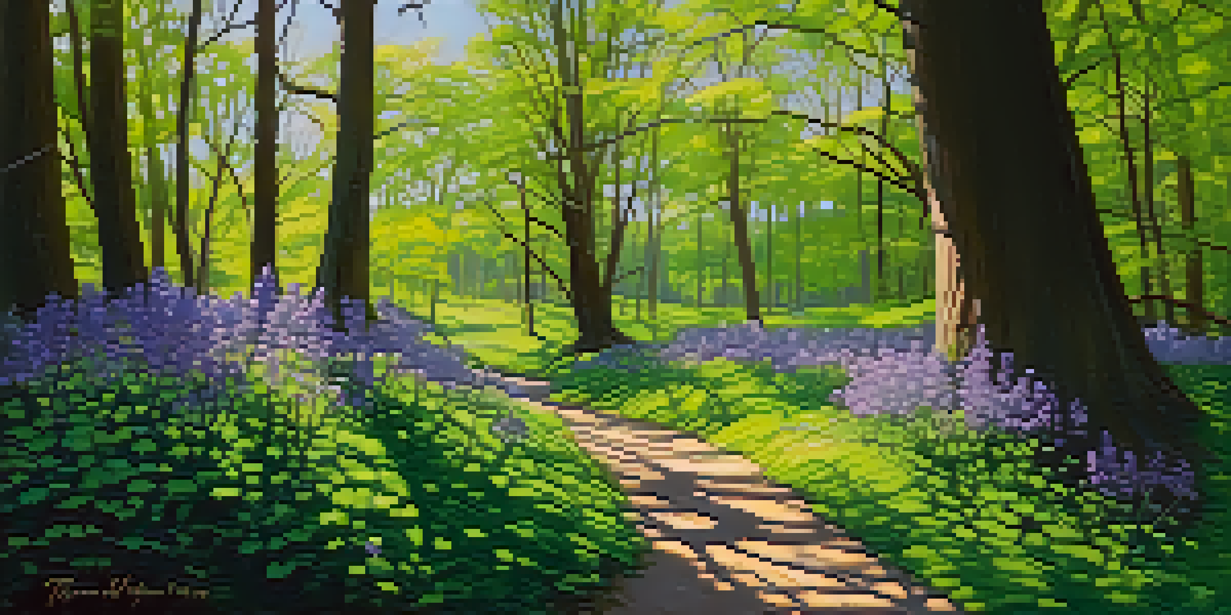 A peaceful scene of Starved Rock State Park in spring, with lush green trees and blooming flowers under soft sunlight.