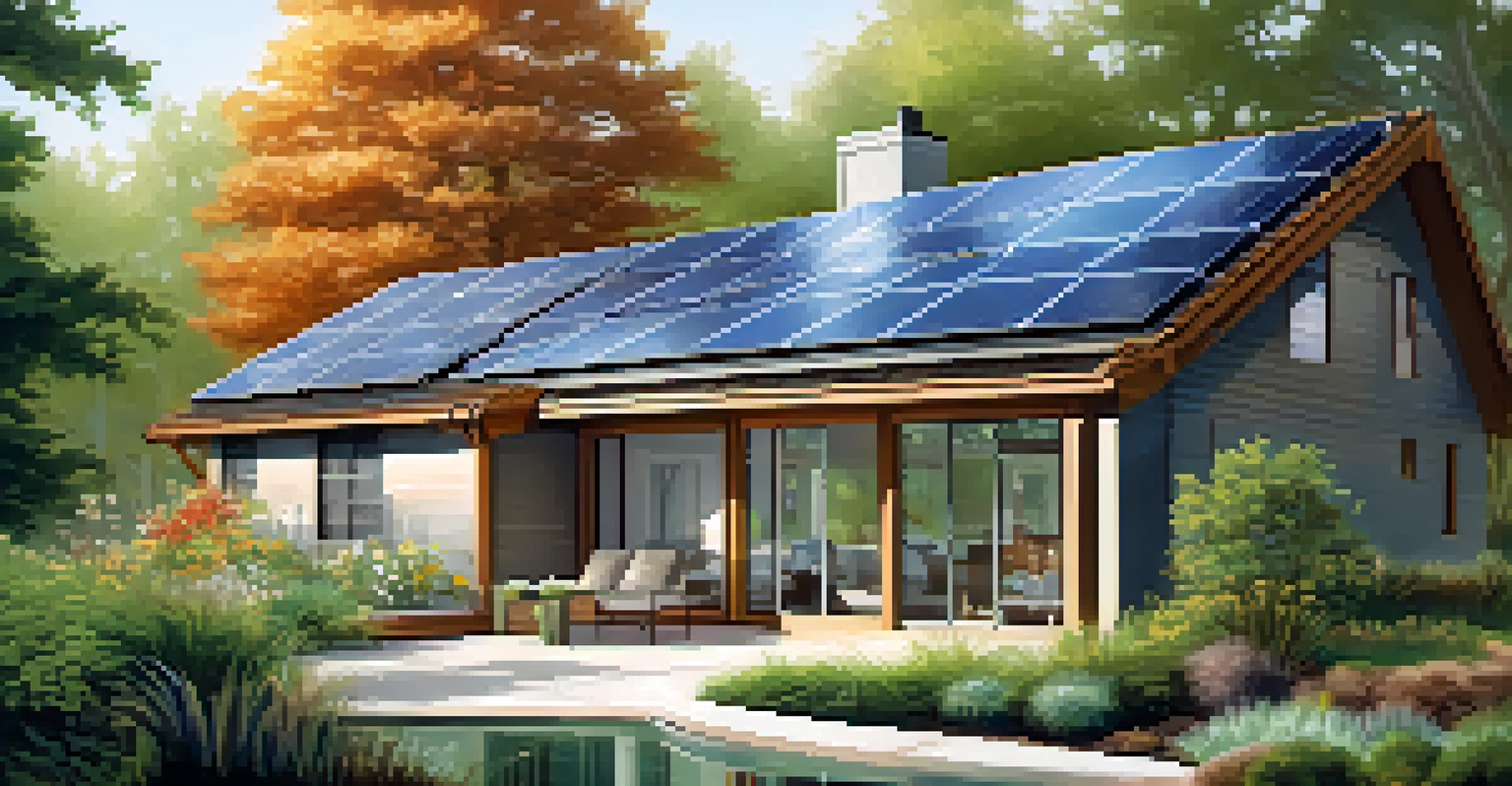 A close-up view of an eco-friendly home in Illinois with solar panels and a beautiful garden.