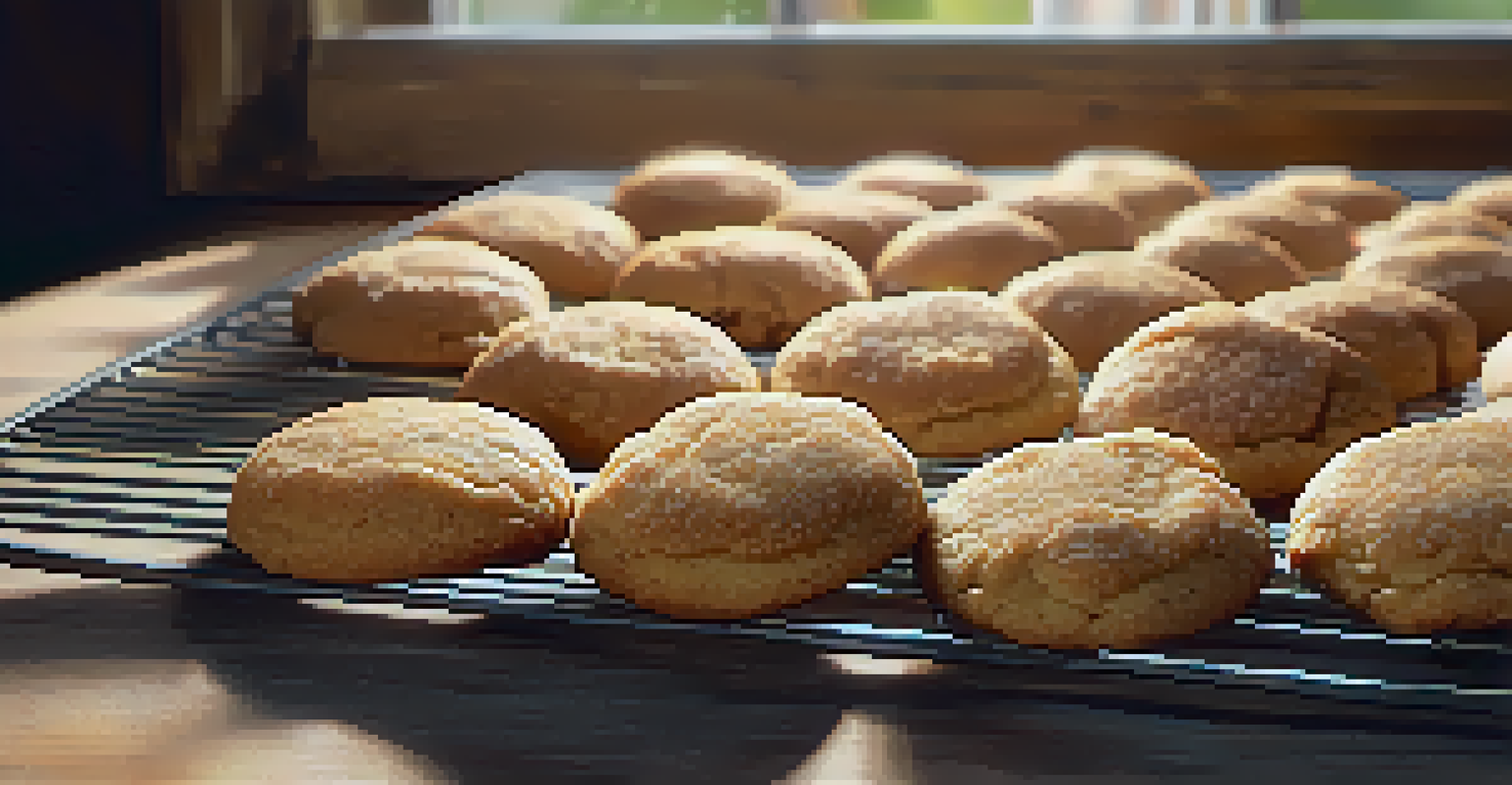 A cooling rack filled with freshly baked snickerdoodle cookies, sprinkled with cinnamon-sugar in a warm kitchen.