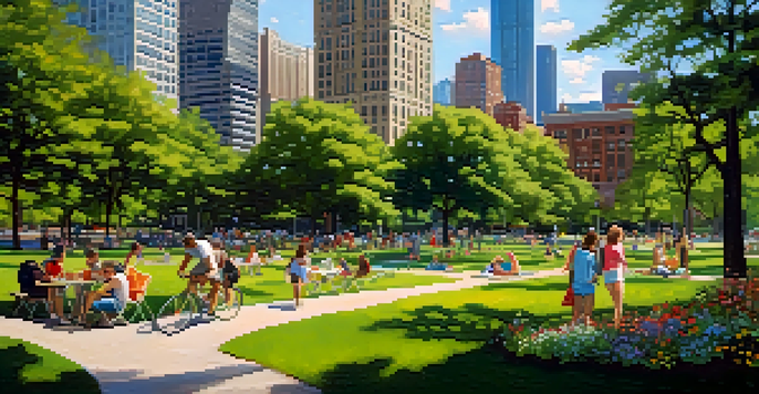 A sunny urban park in Chicago filled with families enjoying picnics and outdoor activities, surrounded by tall buildings and colorful flowers.