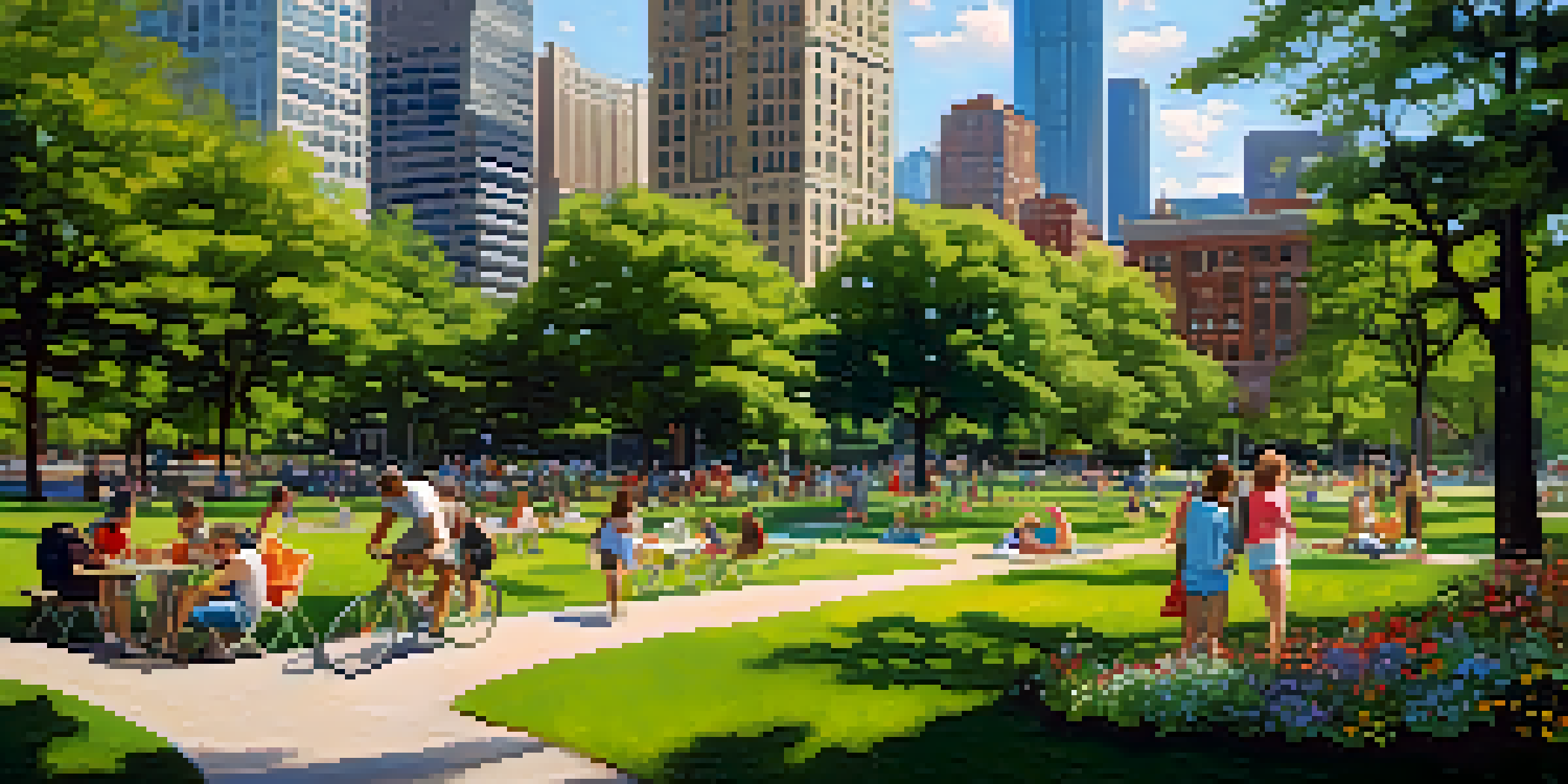 A sunny urban park in Chicago filled with families enjoying picnics and outdoor activities, surrounded by tall buildings and colorful flowers.