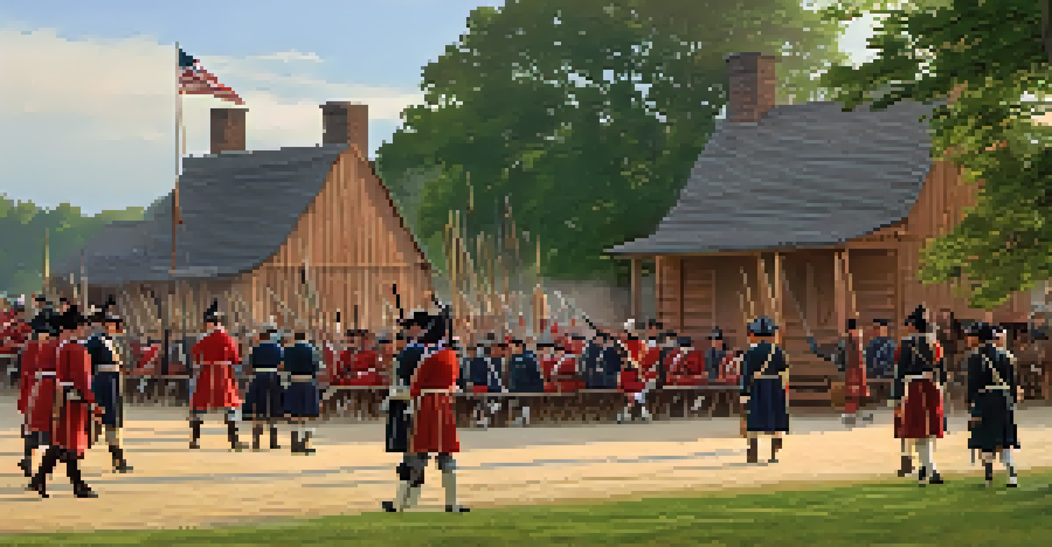 Actors in historical military uniforms performing a reenactment in front of Fort Massac under a sunset sky.