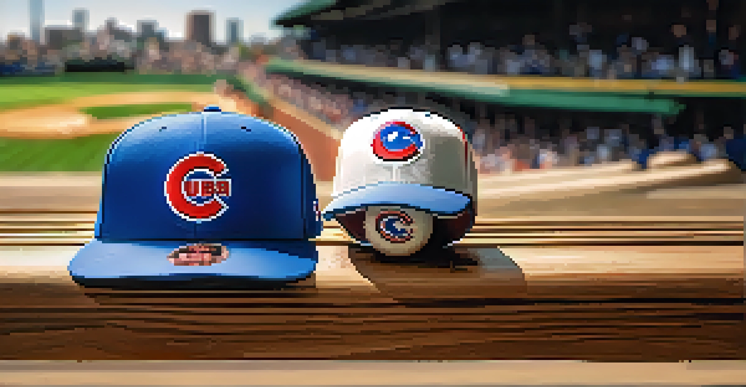 A close-up of a Chicago Cubs cap and baseball on a bench with blurred fans in the background.