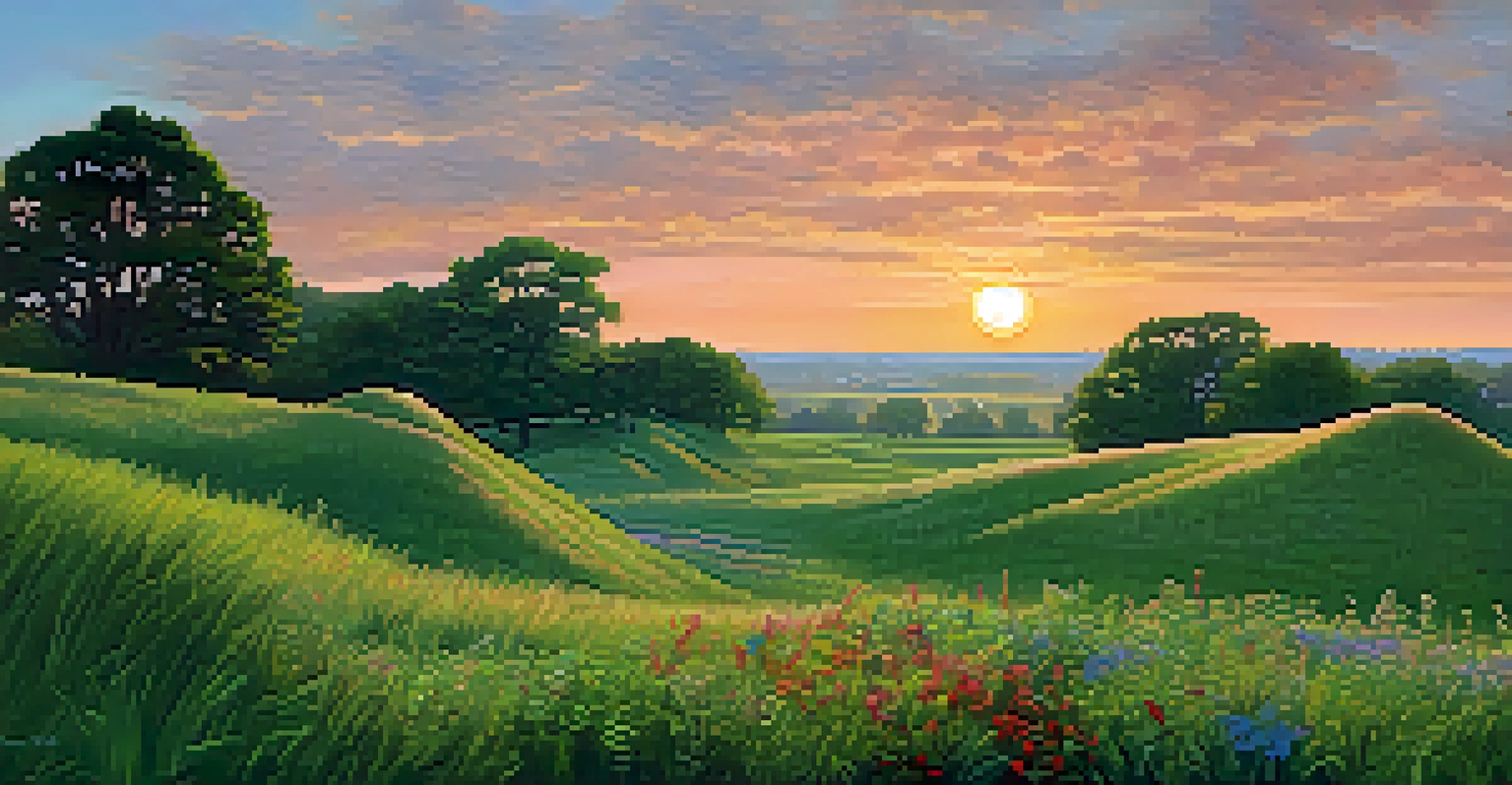 The Cahokia Mounds at sunset with a colorful sky and lush greenery.