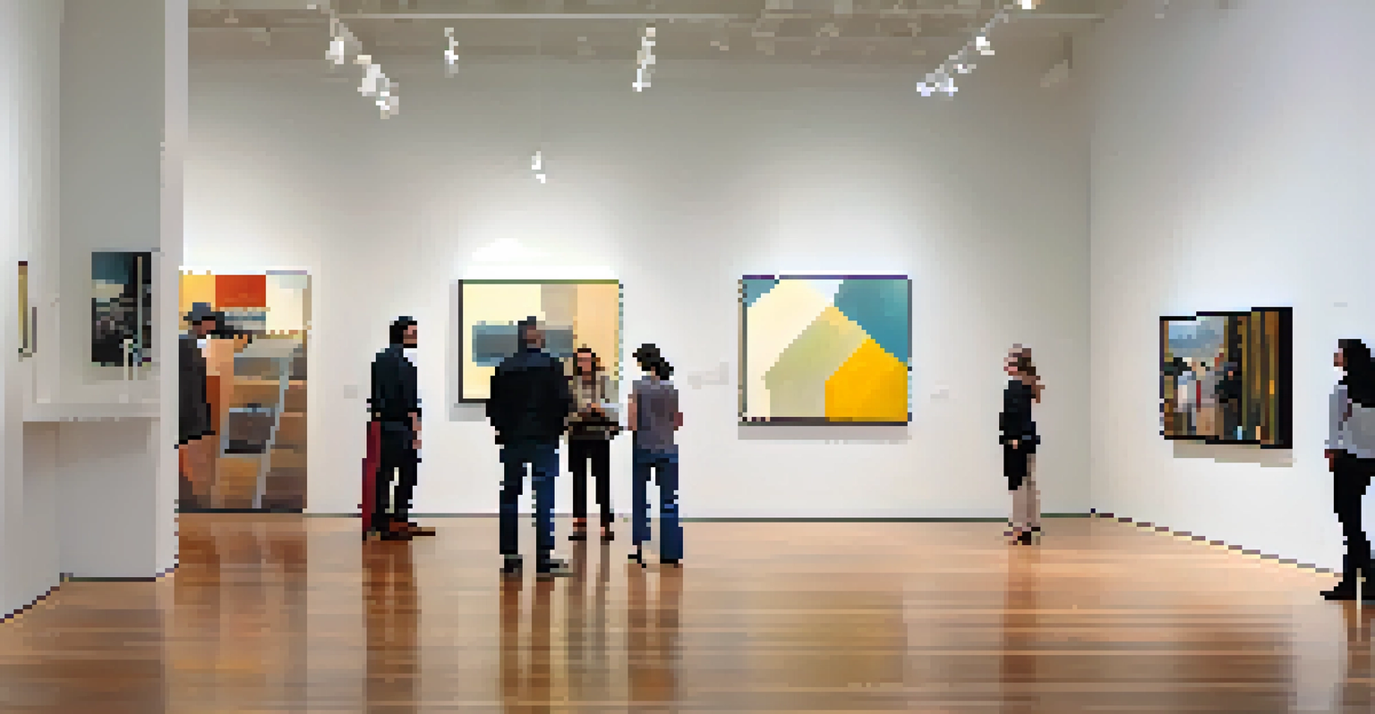 Interior of a contemporary art gallery in Illinois with visitors admiring various artworks from local artists.