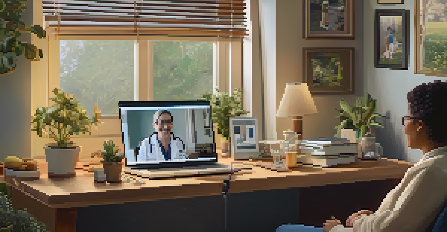 A patient in a cozy home setting in rural Illinois having a telehealth consultation with a healthcare provider on a laptop, surrounded by personal decor.