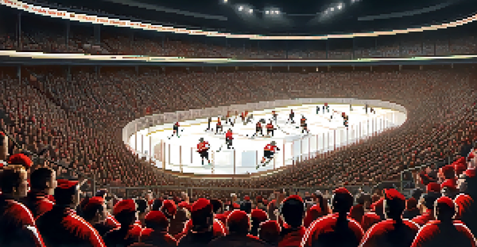 An illustration depicting the Chicago Blackhawks' inaugural game in 1926 with players in vintage jerseys and a lively crowd.