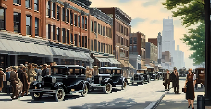 A busy street scene in 1930s Illinois with vintage cars and people in period clothing, illustrating community life during the Great Depression.