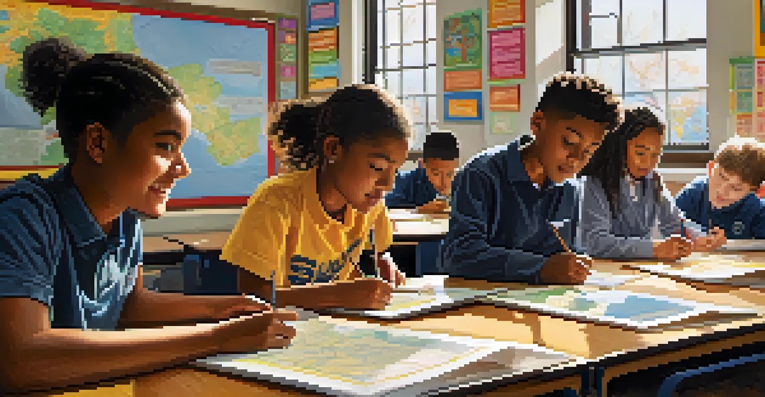 A diverse classroom in Illinois with students working together on a project, surrounded by cultural displays and bright sunlight.