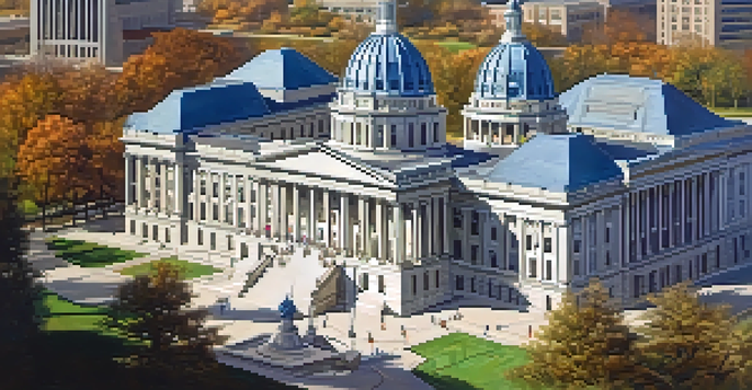 A view of the Illinois State Capitol building with citizens engaging in discussions in front of it.