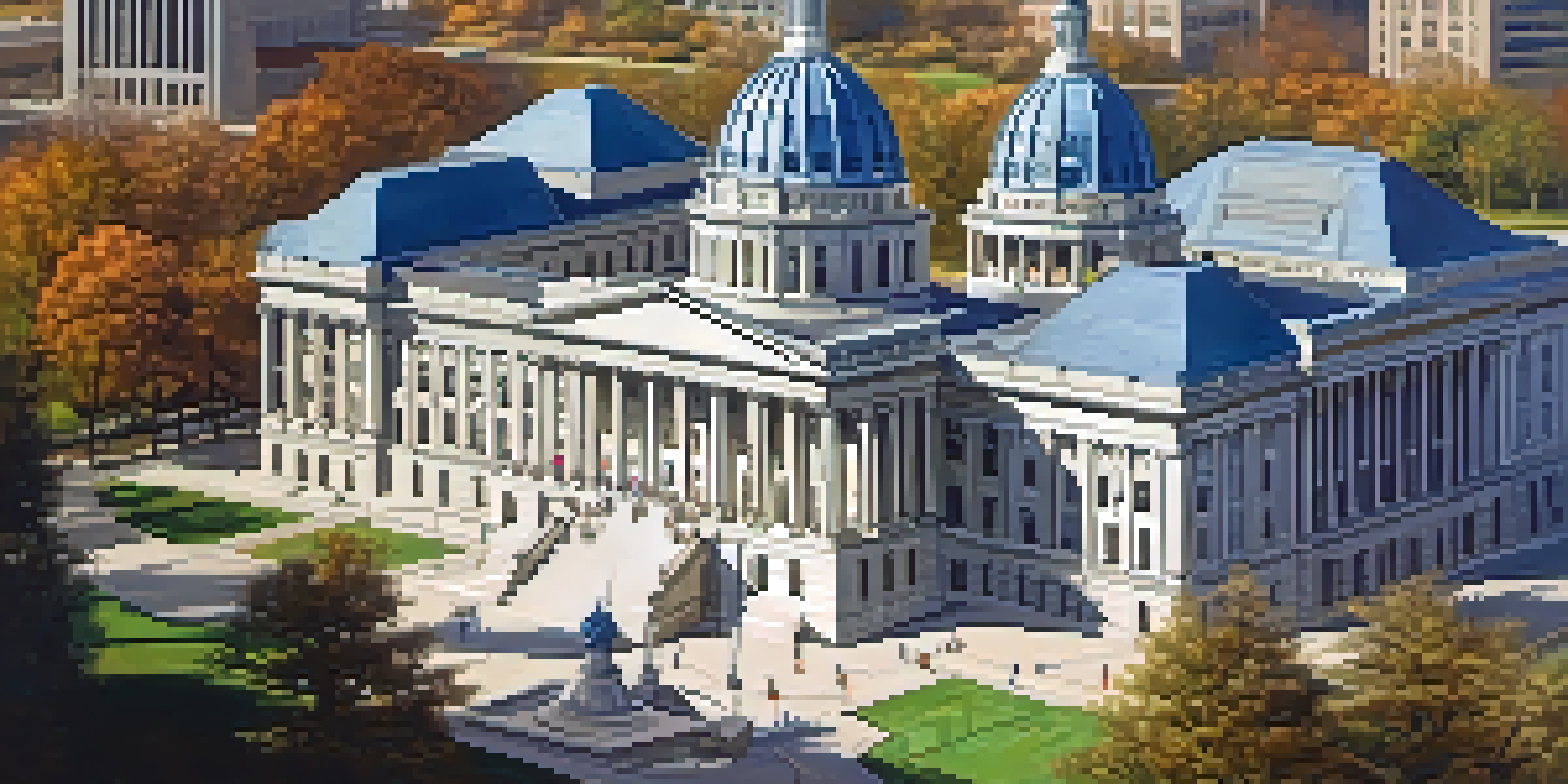 A view of the Illinois State Capitol building with citizens engaging in discussions in front of it.