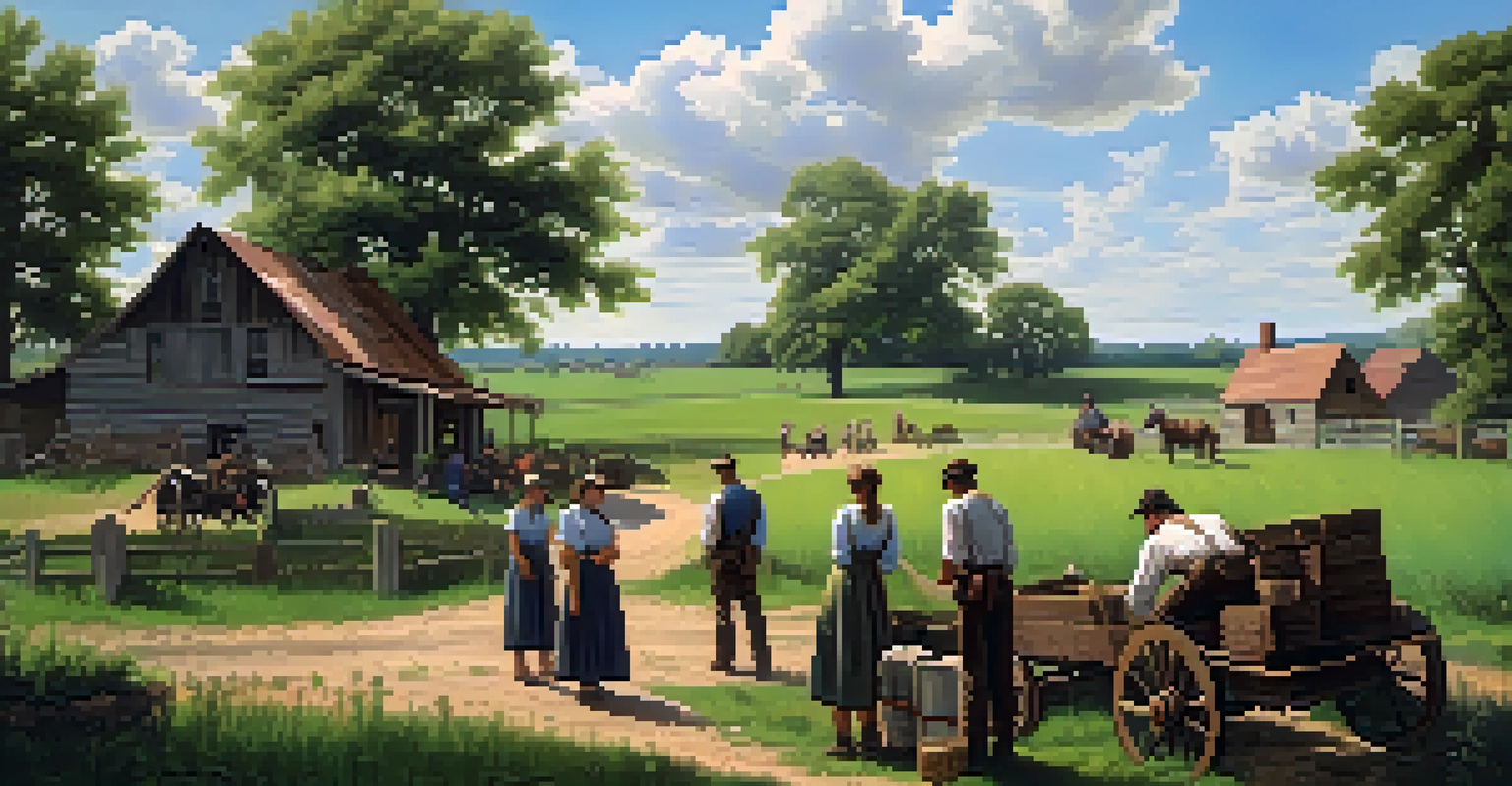 A small Illinois farm scene during the Civil War, with women and children working in fields while men prepare for war.