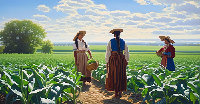 A peaceful agricultural scene in early Illinois with crops, a Native American family, and a clear sky.