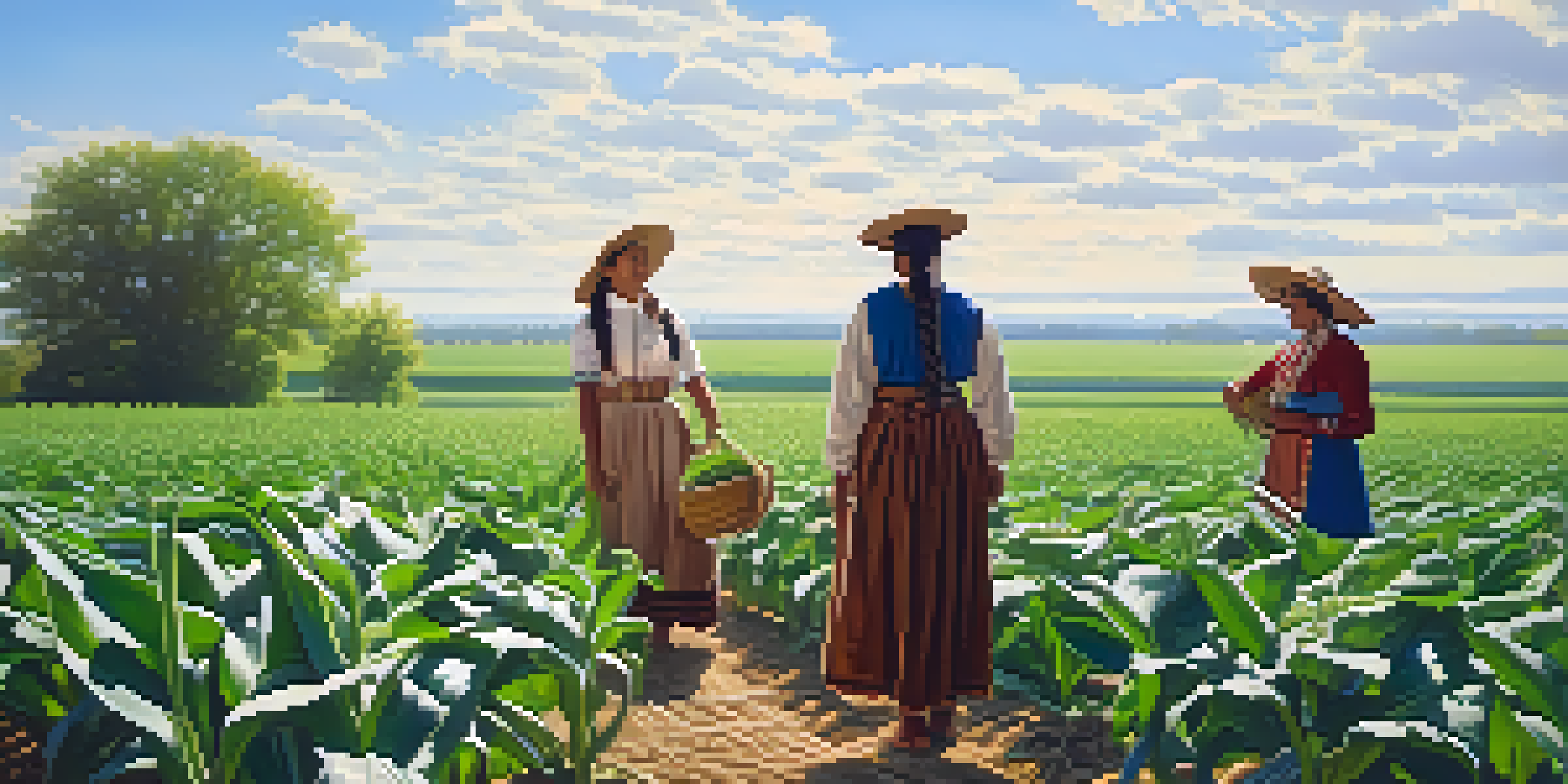 A peaceful agricultural scene in early Illinois with crops, a Native American family, and a clear sky.