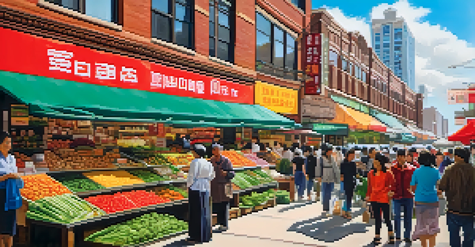 A vibrant Asian market scene on Devon Avenue, showcasing colorful produce and shoppers exploring the lively environment.