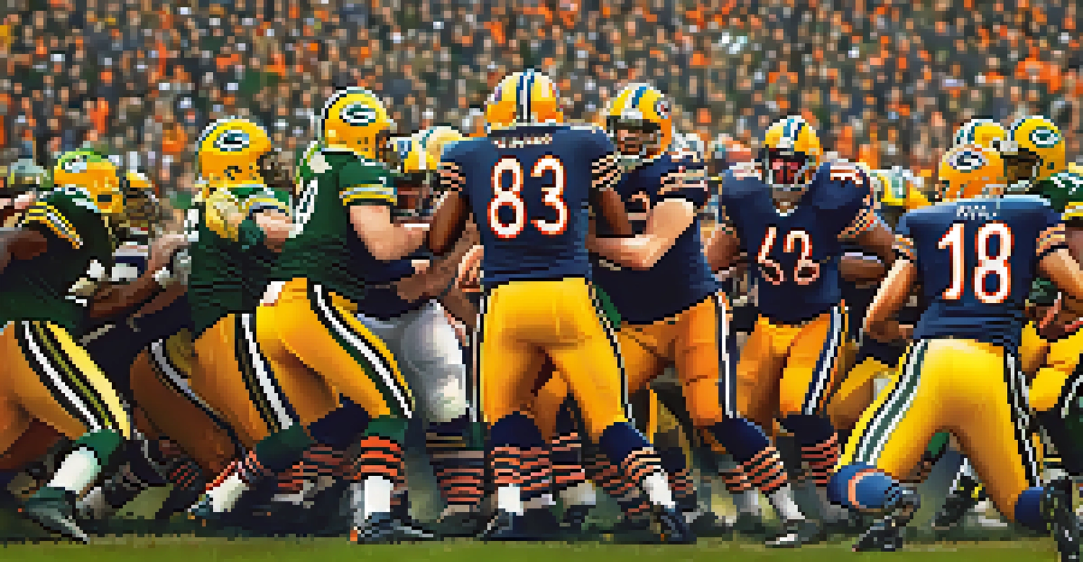 Intense football game between Chicago Bears and Green Bay Packers, with energetic players and cheering fans.