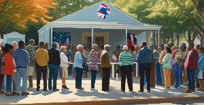 A diverse group of voters in line at a polling place, with colorful banners and American flags, under gentle sunlight.