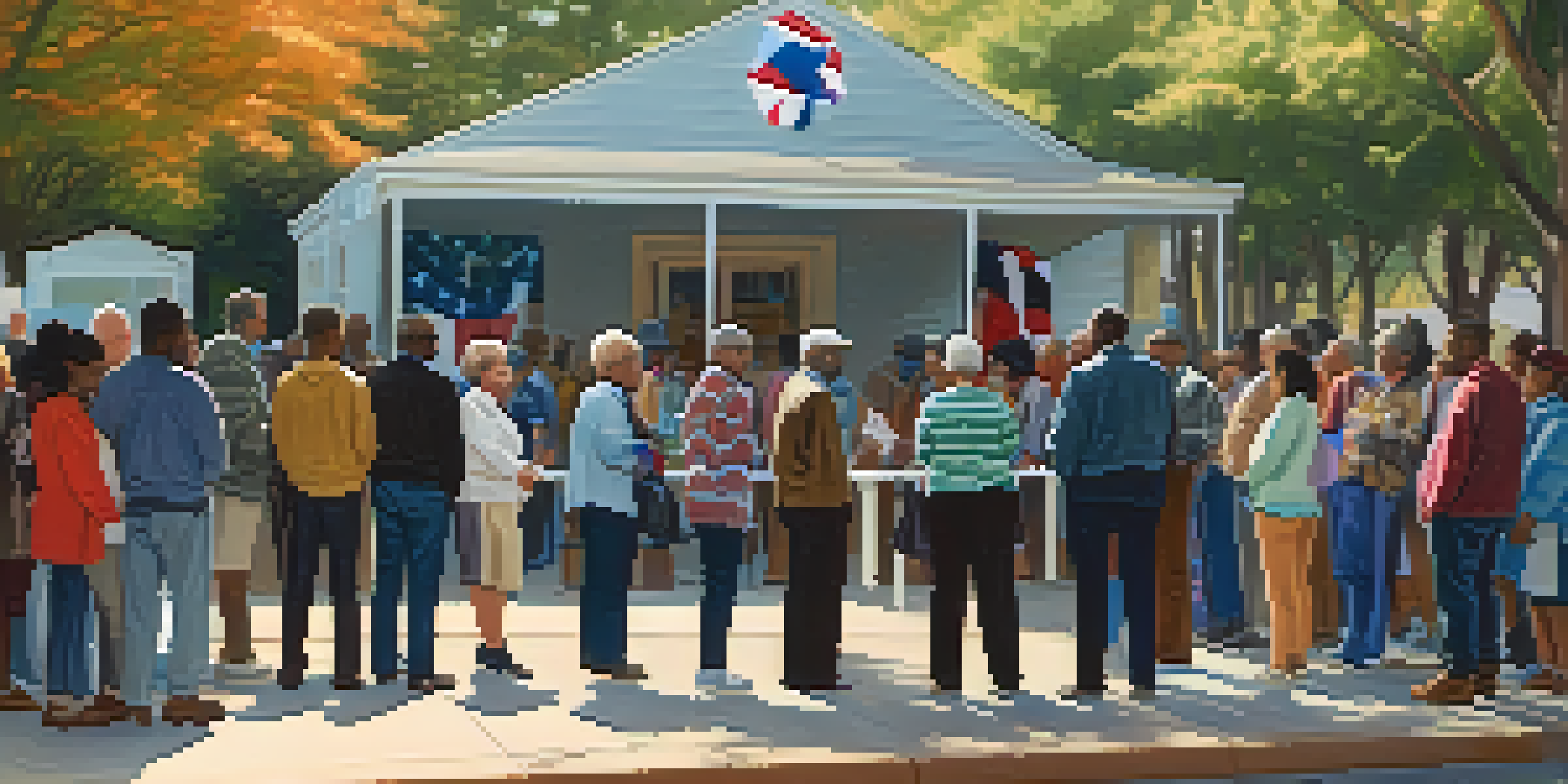 A diverse group of voters in line at a polling place, with colorful banners and American flags, under gentle sunlight.