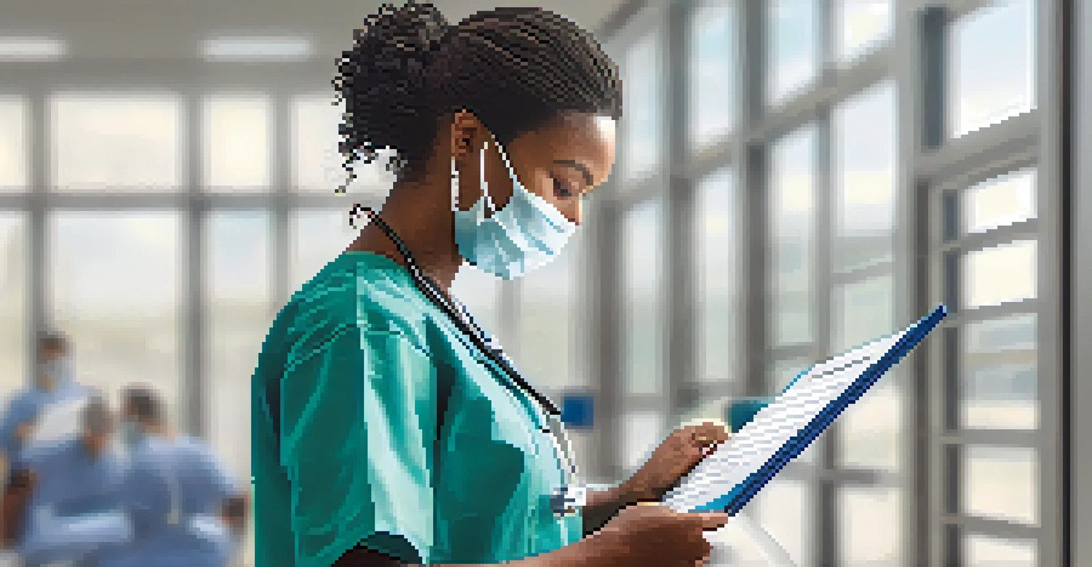 A healthcare professional in scrubs reviewing patient charts in a modern hospital filled with natural light.