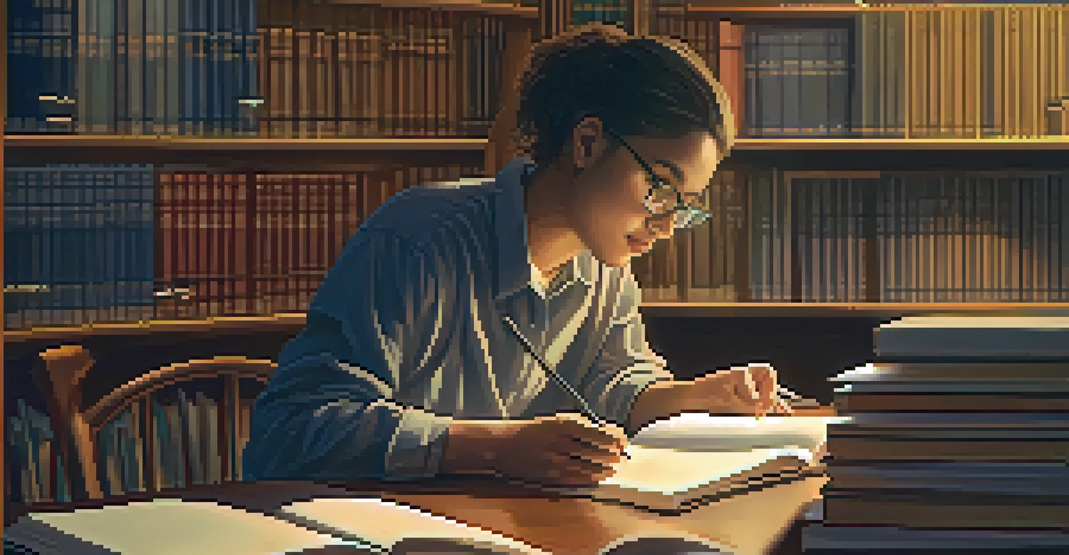 A graduate student studying in a library with books around, writing in a notebook under warm lighting.