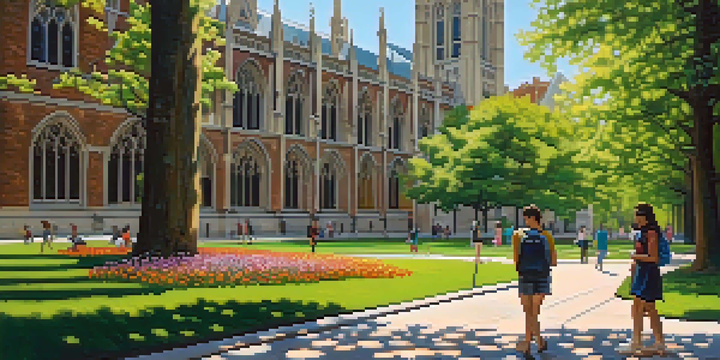 A busy university campus with students talking under trees and Gothic-style buildings in the background.