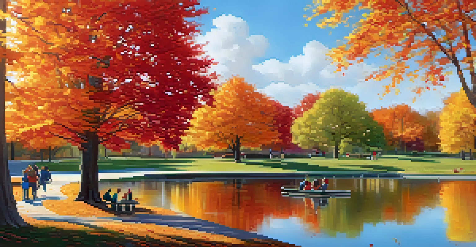 An autumn park in Illinois with colorful trees, a pond, and families enjoying a picnic.