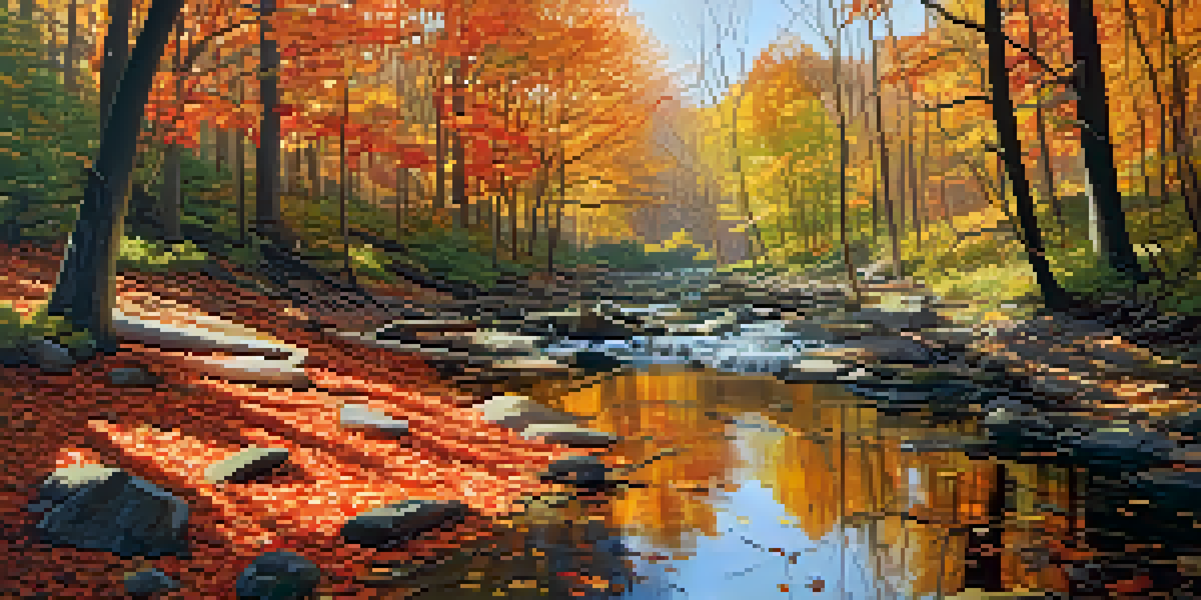 An autumn forest in Illinois with colorful leaves and sunlight filtering through the trees, alongside a small stream.