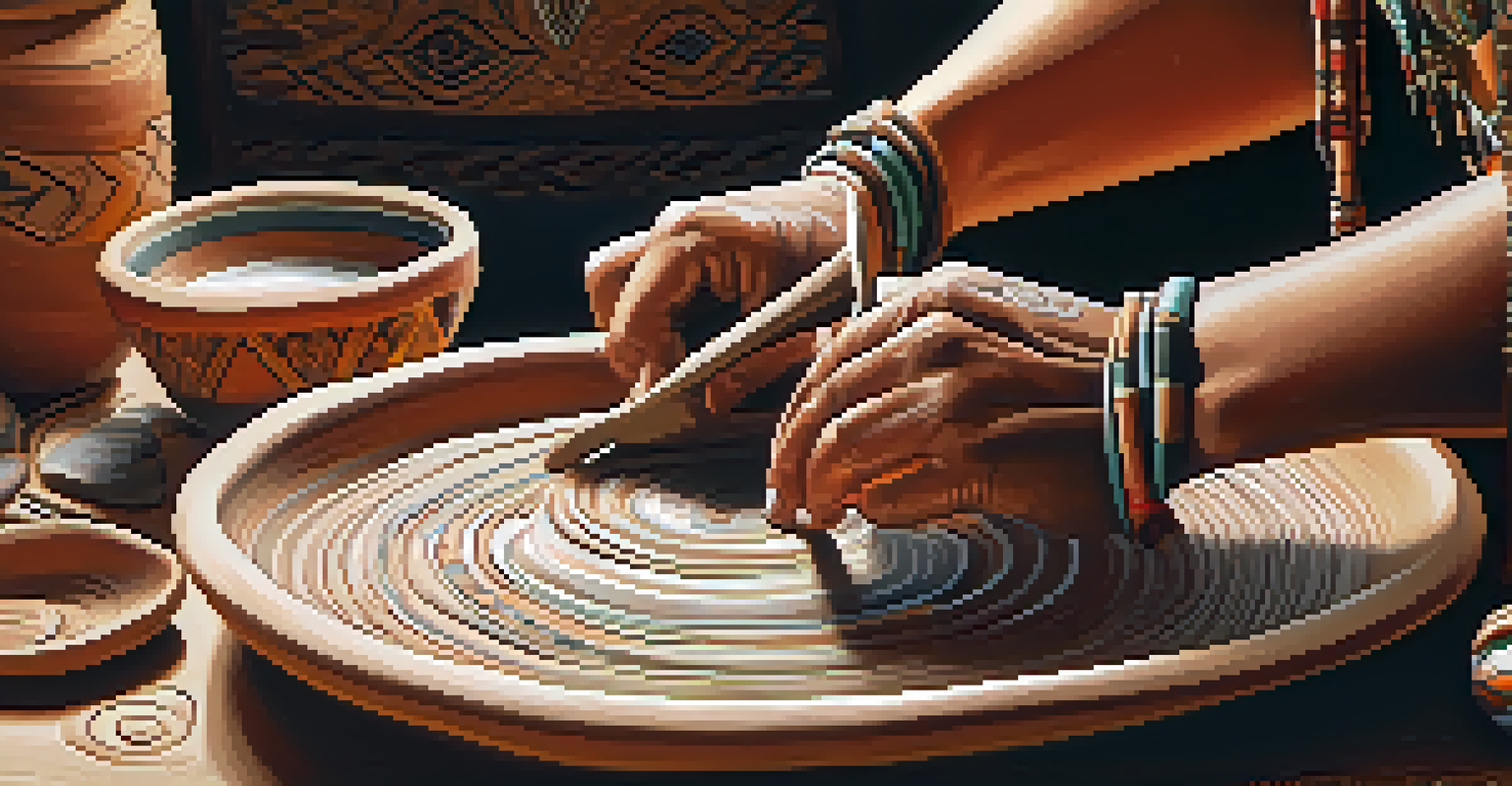Close-up of a Native American woman's hands shaping pottery with traditional designs in a rustic workshop filled with art supplies.