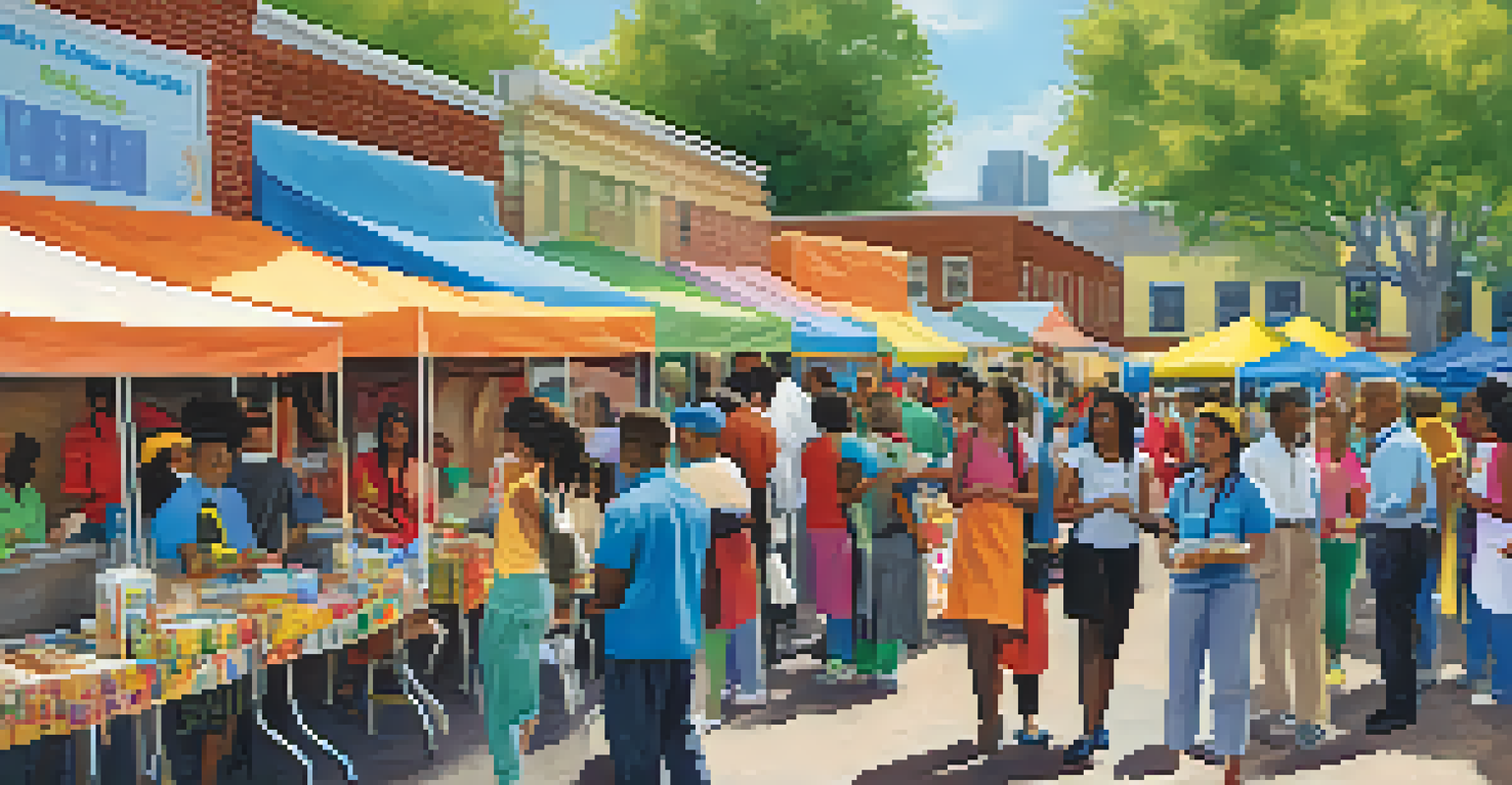 A community health fair with booths offering health screenings and educational materials, showcasing diverse people interacting with healthcare professionals.