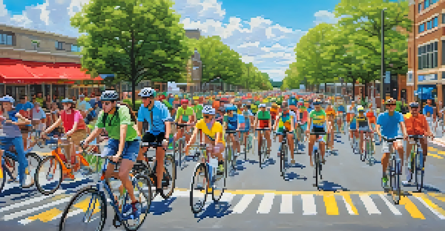 A vibrant community ride event in Champaign-Urbana with cyclists and colorful banners promoting biking.