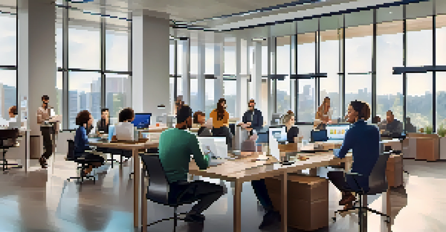 A diverse group of workers collaborating in a modern office with technology for remote work, symbolizing adaptability in the job market.