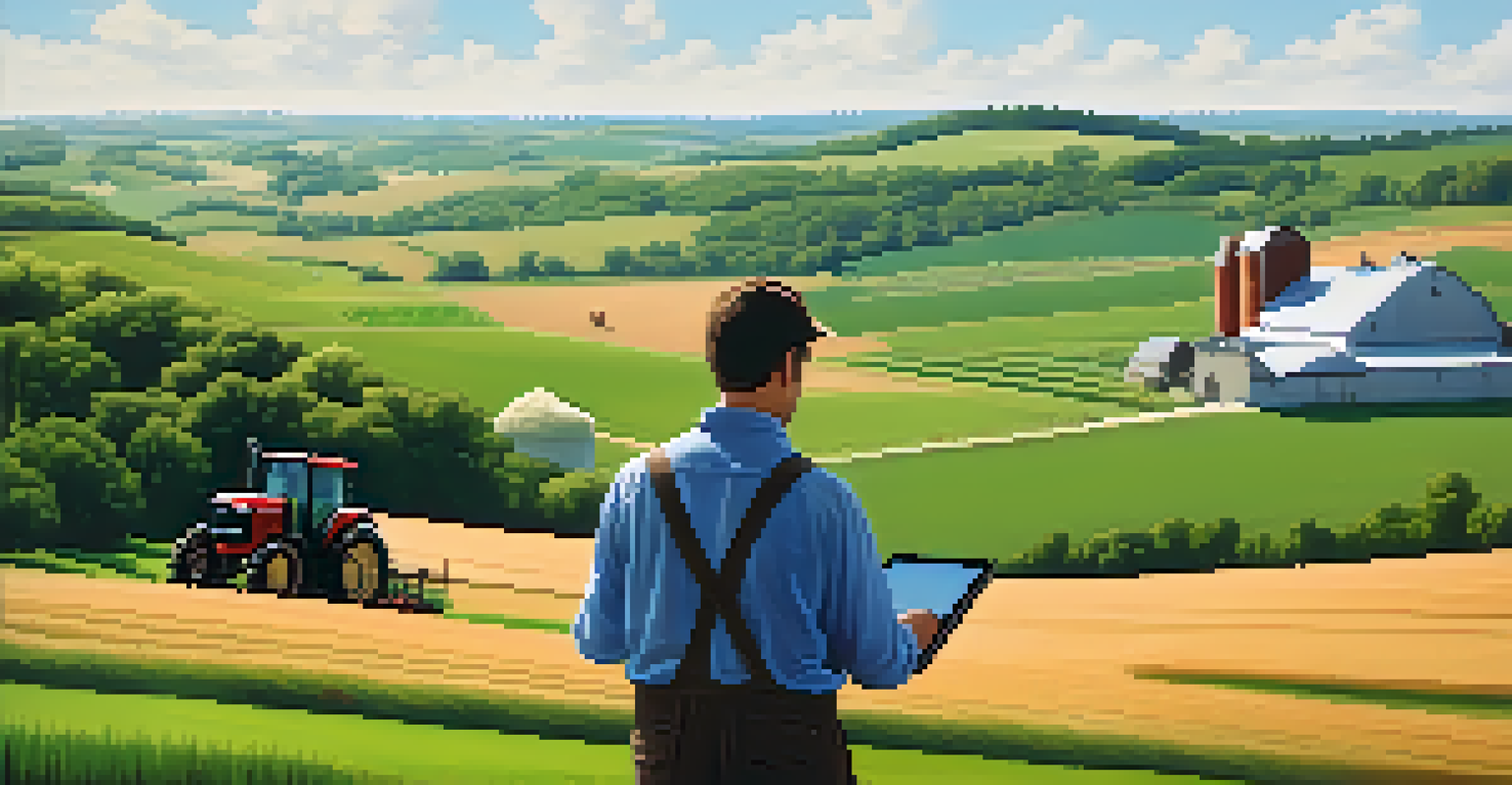 A rural landscape in Illinois with rolling hills, a farmer using a tablet, a tractor, and farm animals in the background.