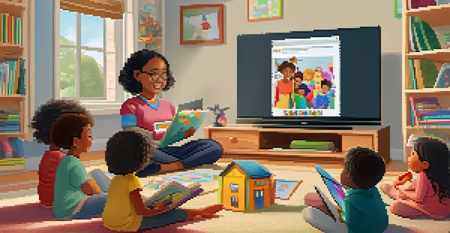 Children participating in an online storytime session with a librarian reading a picture book on a laptop.