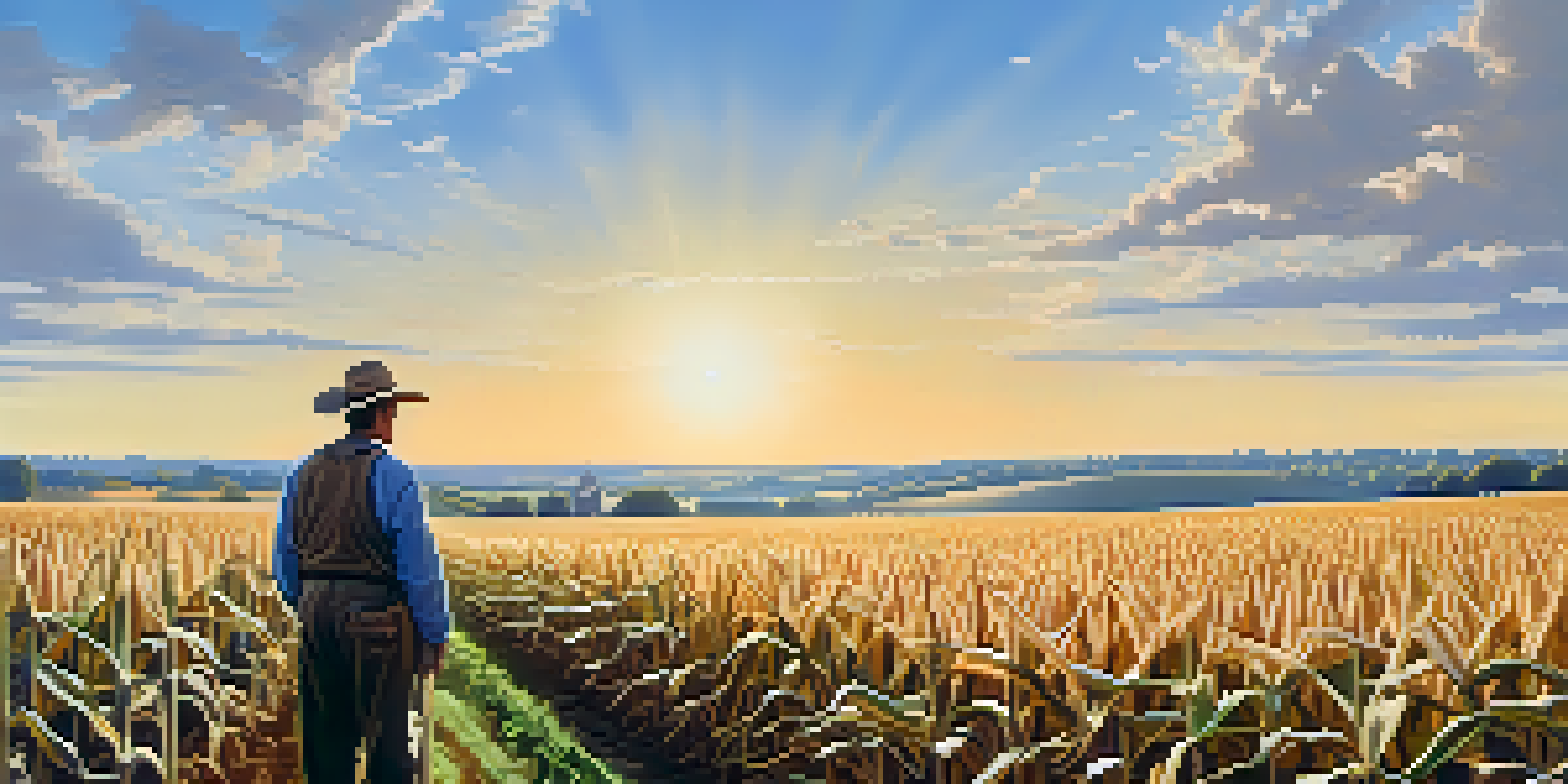 A farmer inspecting a cornfield in Illinois under a clear blue sky, with rolling hills and sunlight casting a golden hue over the crops.