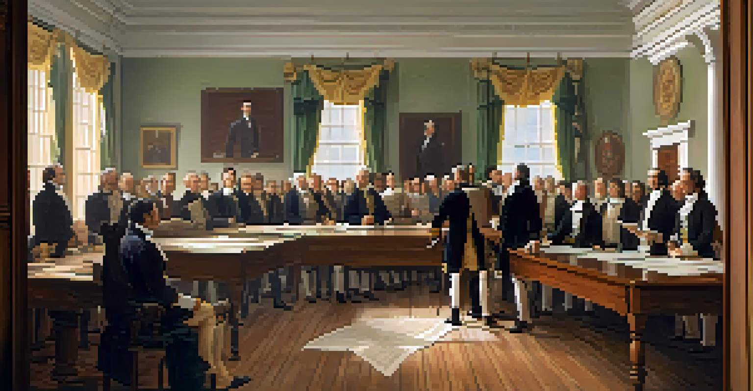 A gathering of diverse citizens at the 1820 Illinois state constitution convention, discussing documents in a well-lit room with maps and flags.