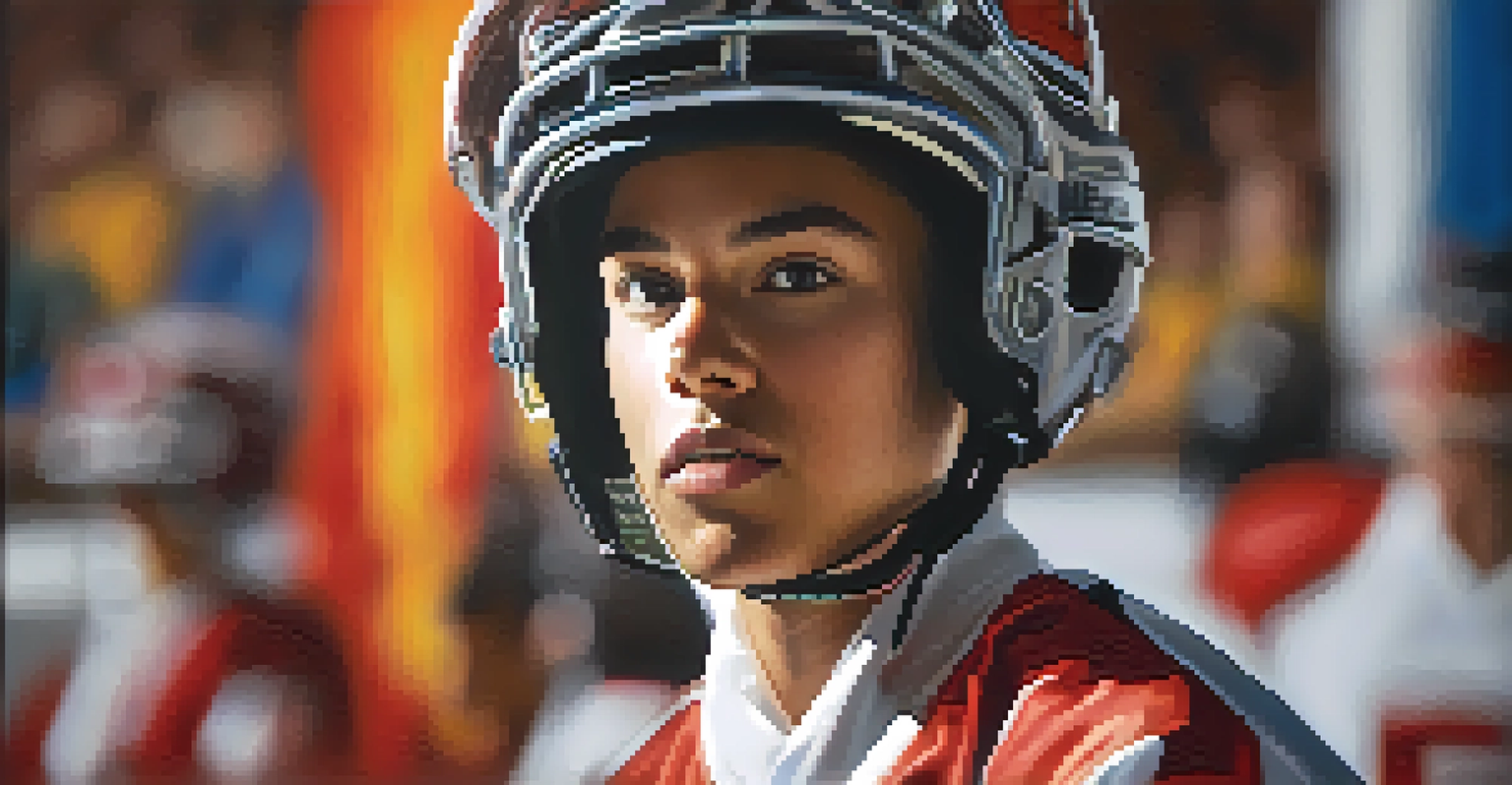 A determined student-athlete in an Illinois State University uniform during training, with a blurred athletic facility in the background and bright lighting.