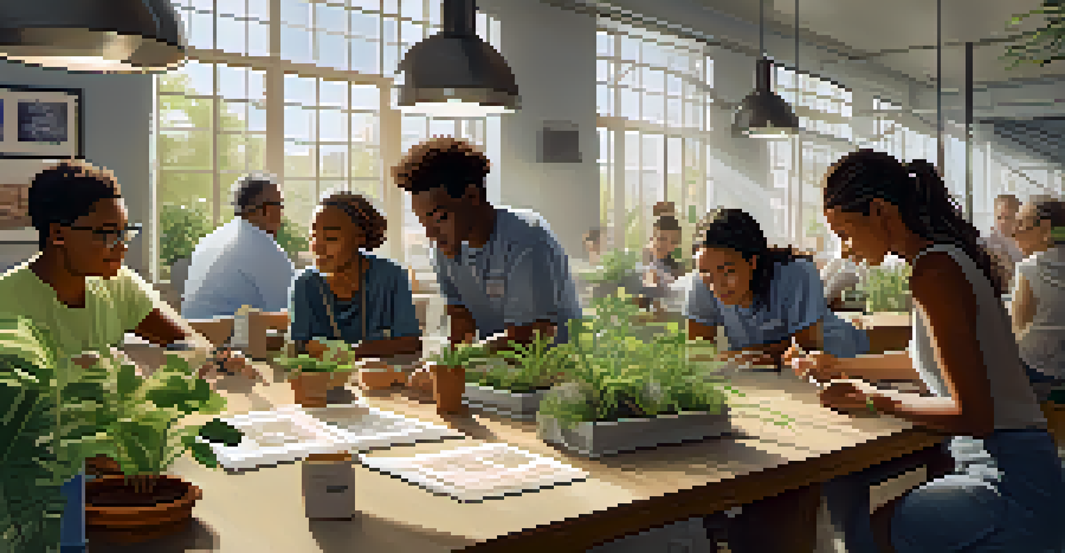 A community workshop with diverse residents discussing sustainability surrounded by plants and educational materials.