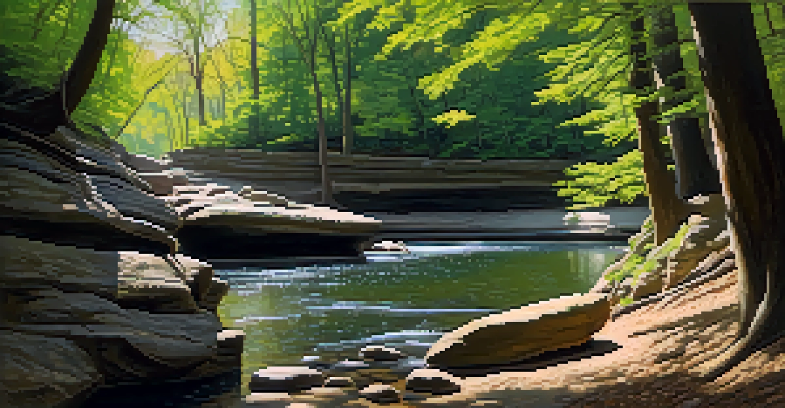 A peaceful canyon with rock formations and a stream in Matthiessen State Park, with hikers enjoying the trail.