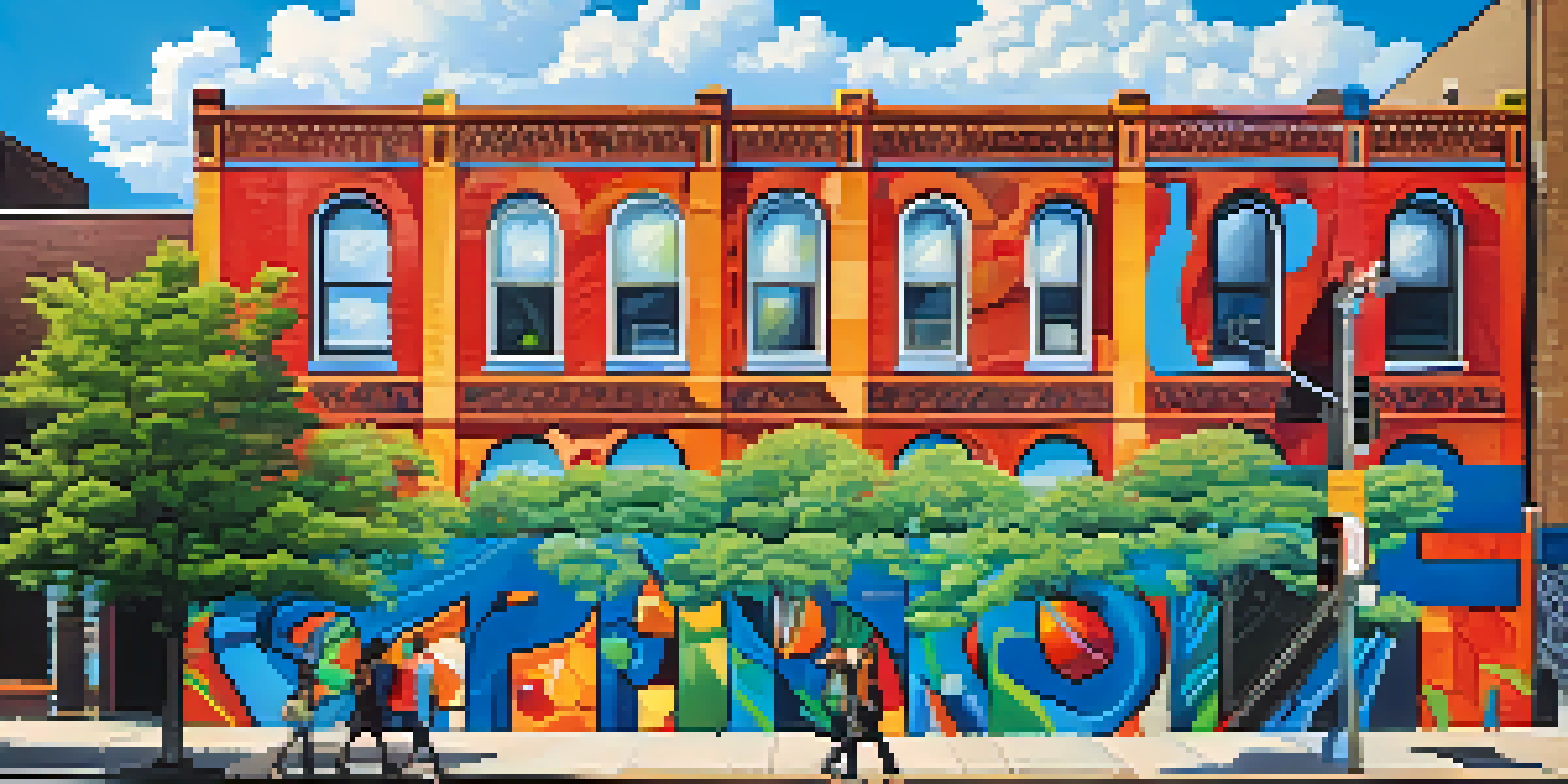 A colorful mural in Wicker Park, Chicago, with people admiring the artwork under a bright blue sky.