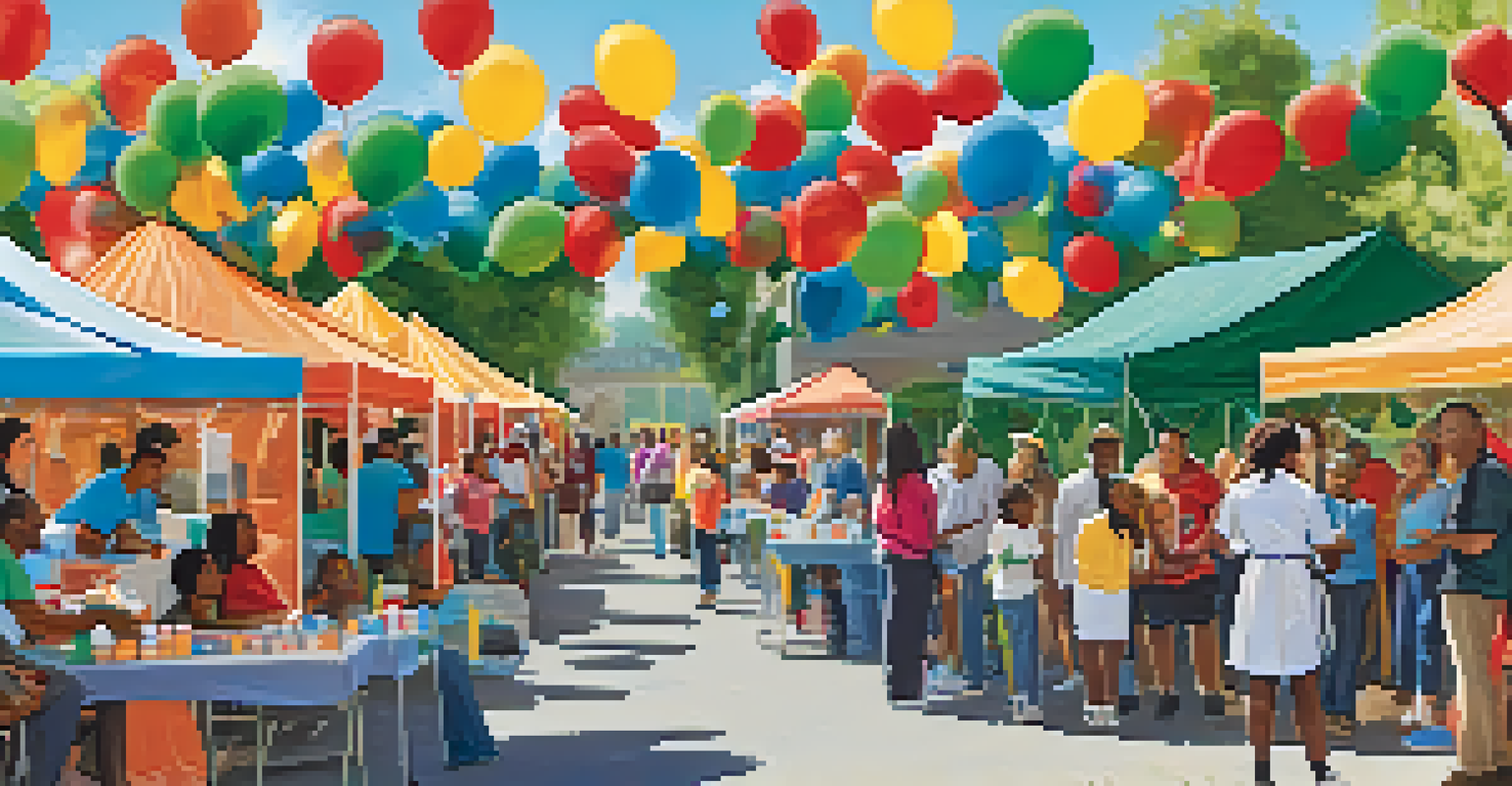 An outdoor community health fair with booths providing free health screenings and resources, attended by families and local healthcare providers.