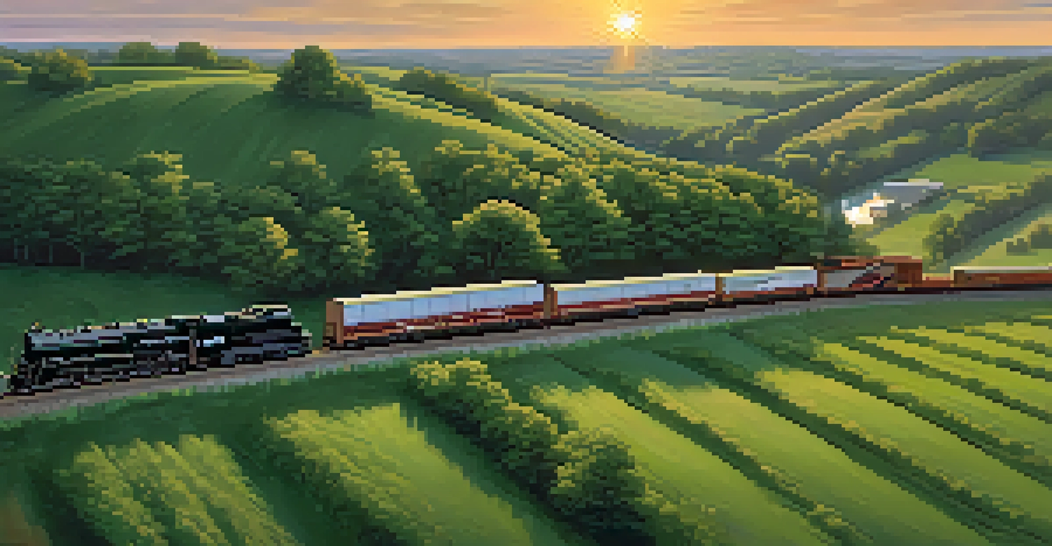 A freight train moving through the green landscapes of Illinois during sunset, highlighting the significance of rail transport.