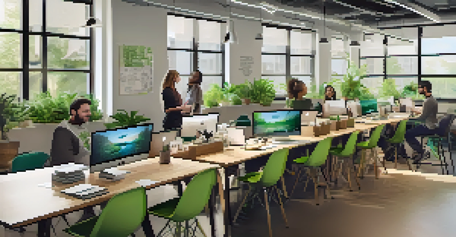 A collaborative workspace in a tech startup with young professionals brainstorming together, reflecting a spirit of innovation.
