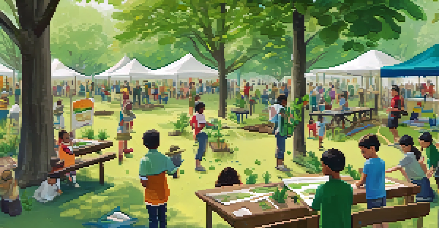 Residents of various ages participating in a tree planting event in a local park, with banners promoting sustainability and a table with brochures in the background.