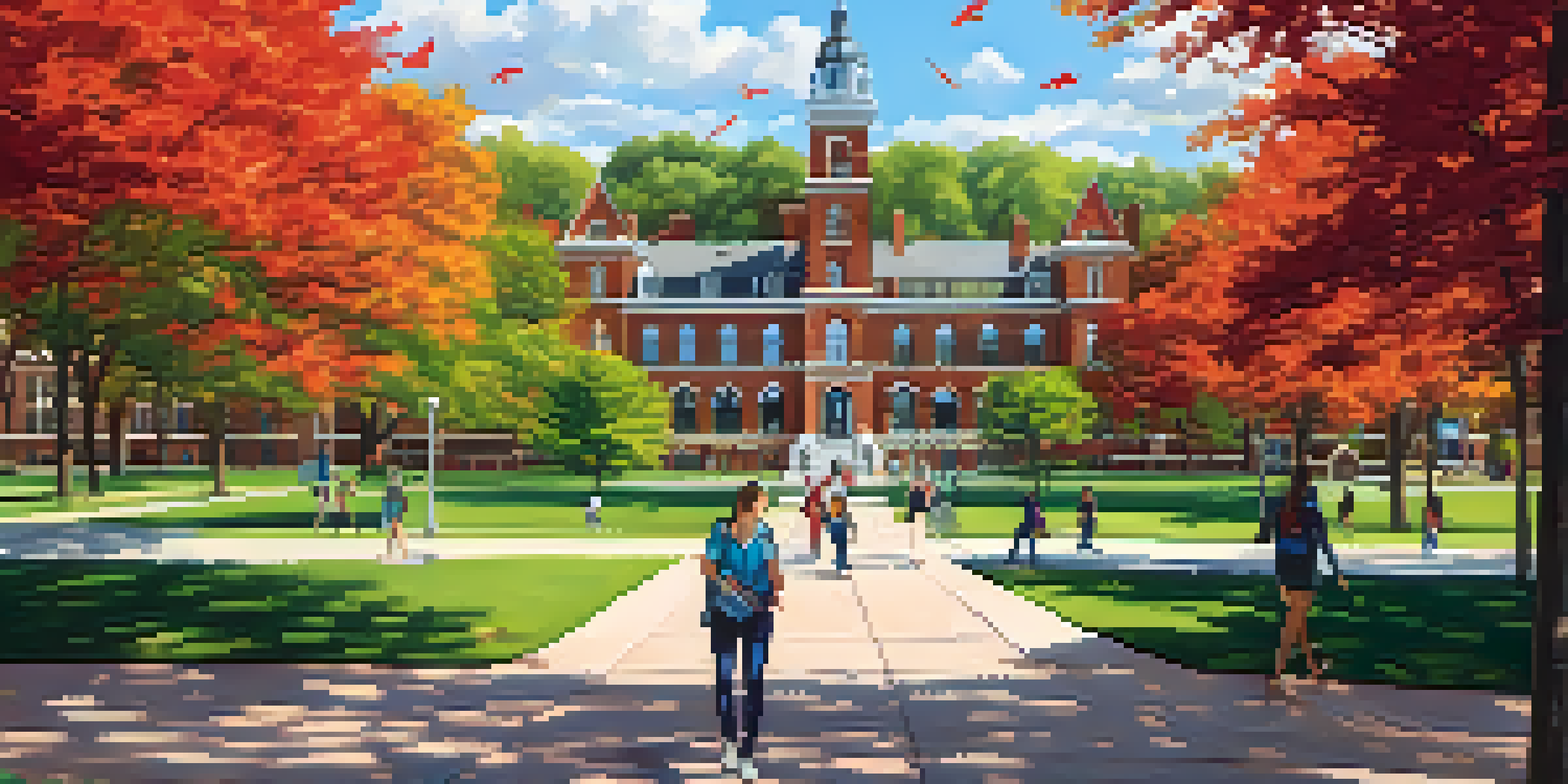 A sunny day at Illinois State University campus with students walking among historic red brick buildings and greenery.
