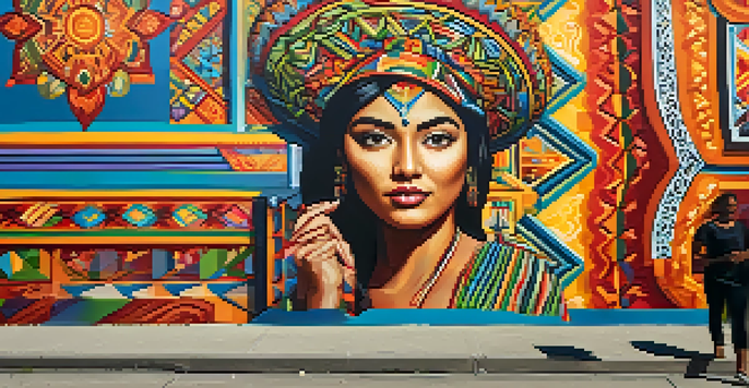 A colorful mural in Pilsen, Chicago, depicting Mexican cultural symbols and modern artistic designs under a blue sky.