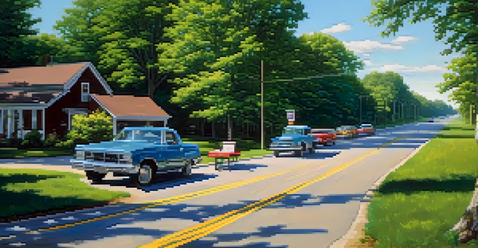 A scenic view of a well-maintained road in Illinois with trees and wildflowers, under a clear blue sky.