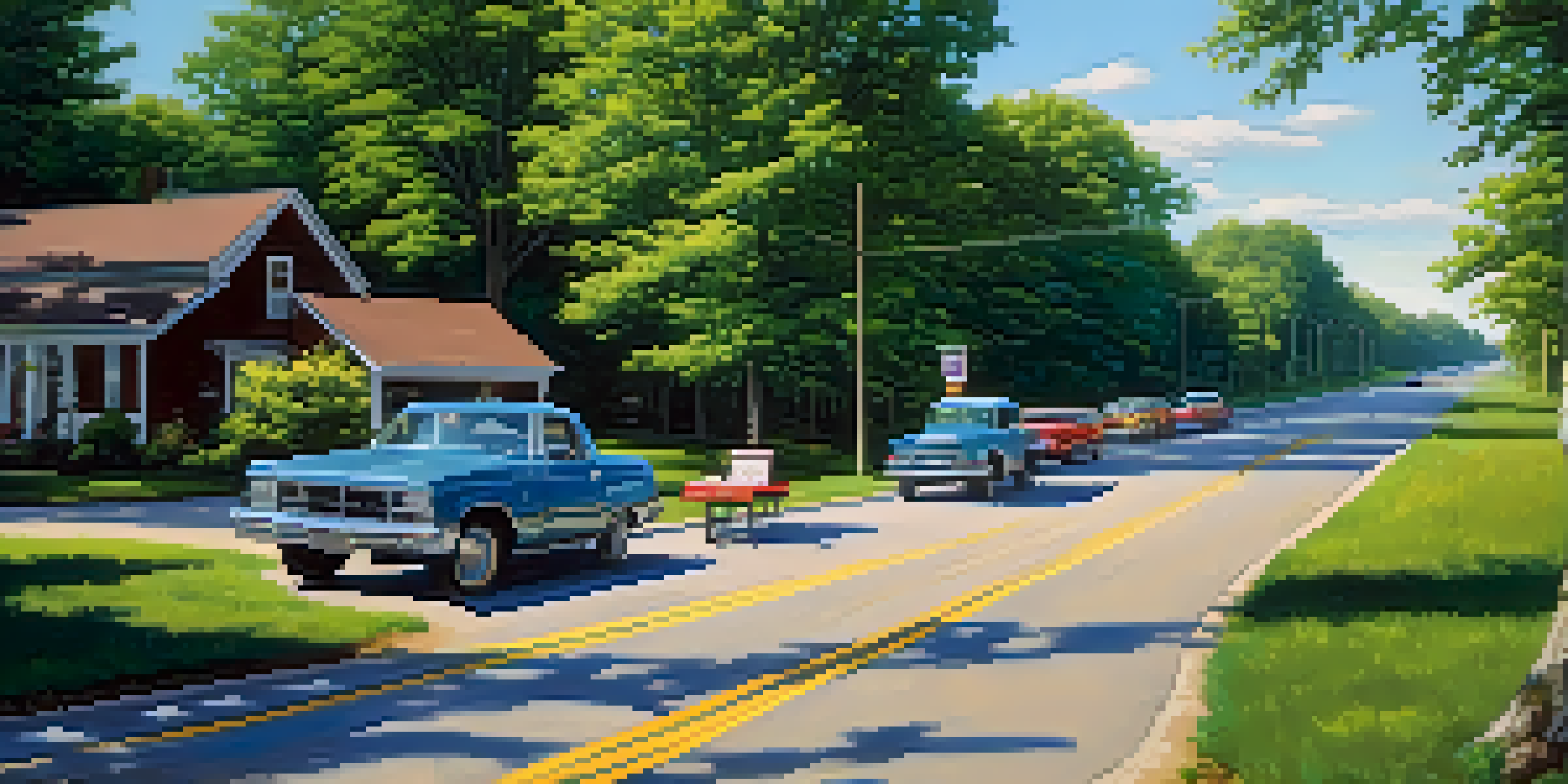 A scenic view of a well-maintained road in Illinois with trees and wildflowers, under a clear blue sky.