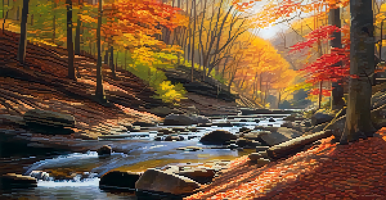 An autumn landscape in Matthiessen State Park with colorful foliage, hikers on a trail, and a reflective stream.