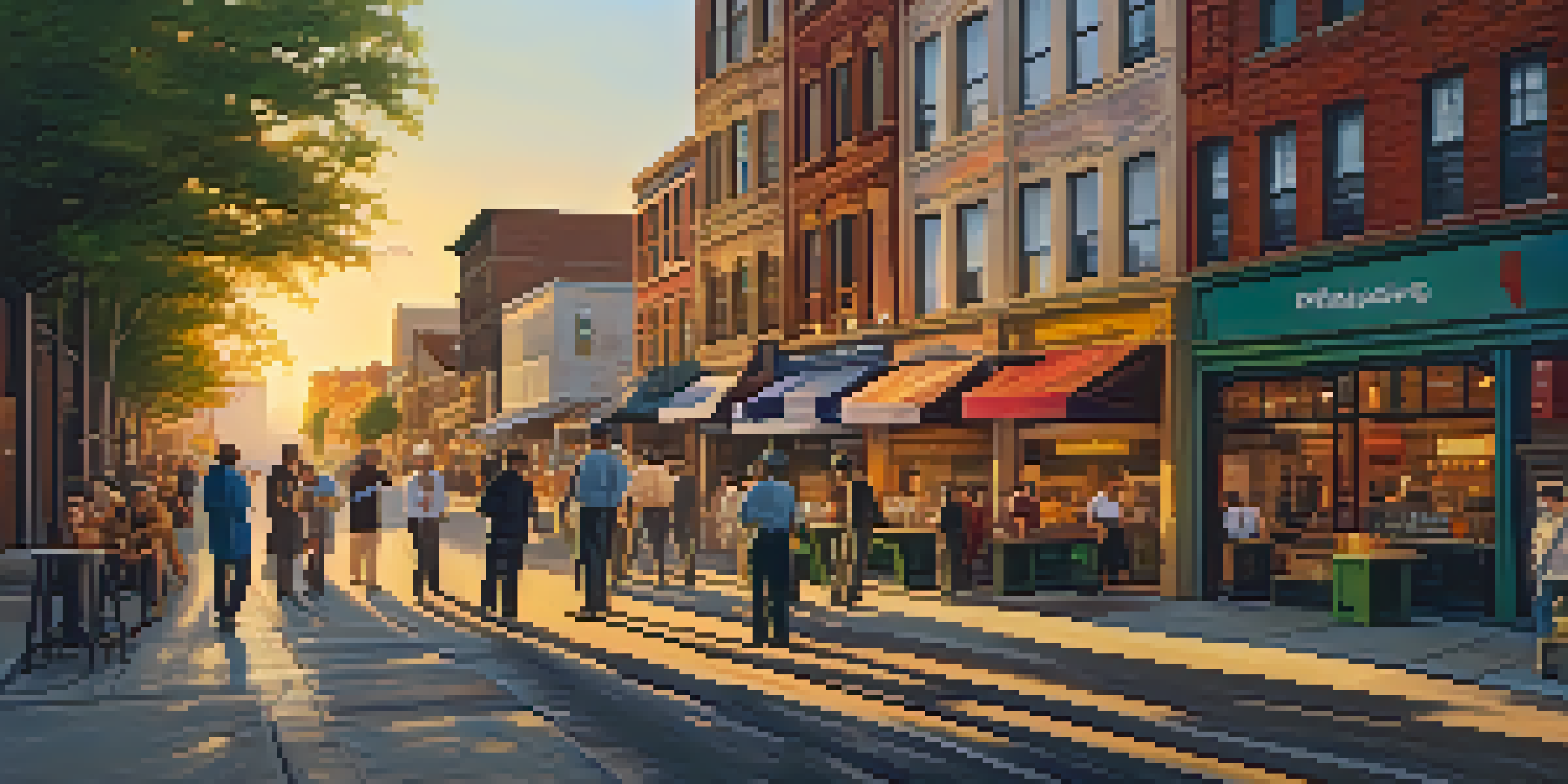 A lively urban street at sunset, featuring workers like a barista and a delivery person, with colorful storefronts in the background.
